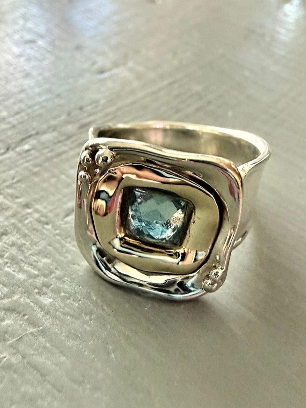 925 Sterling Silver 14K Gold Blue Topaz Stone Ring Size 7